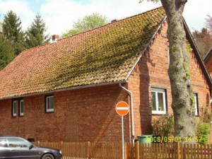 Backsteinhaus mit bemoostem Dach